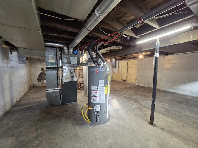 basement with heating unit and water heater