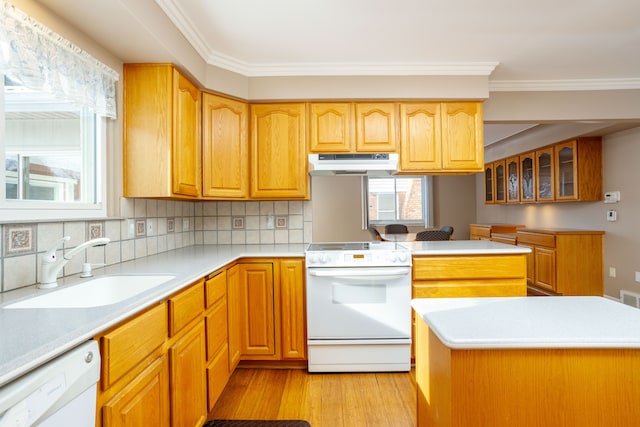 kitchen with sink, white appliances, backsplash, and ornamental molding