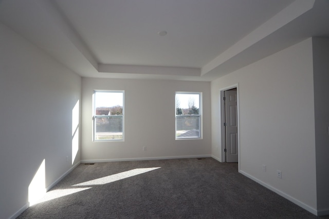 unfurnished room with dark carpet and a raised ceiling