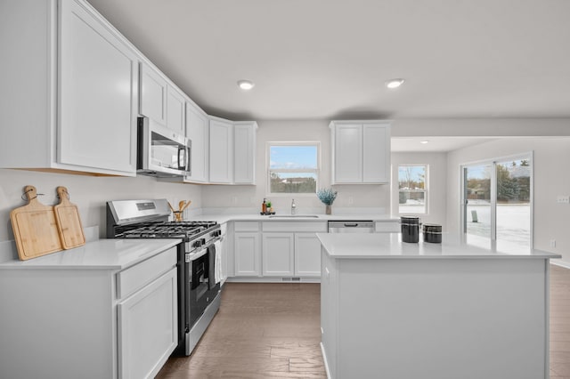 kitchen with stainless steel appliances, white cabinetry, sink, and dark hardwood / wood-style flooring