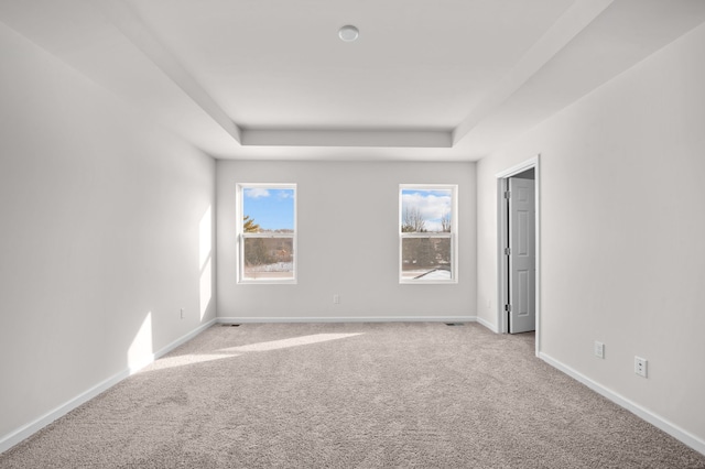 empty room featuring a tray ceiling and light carpet