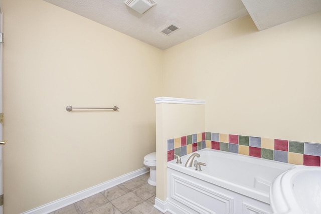 full bath with toilet, visible vents, a bath, and tile patterned floors