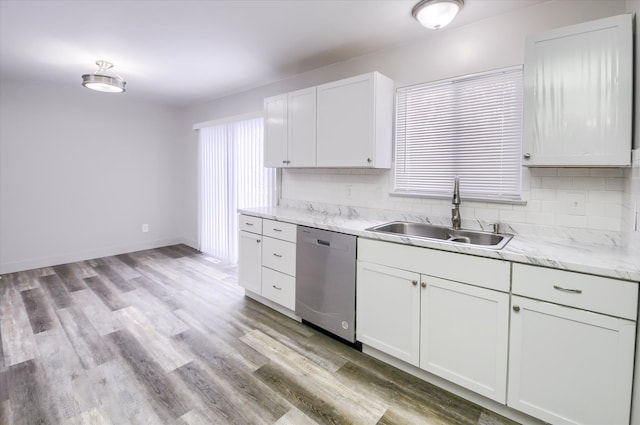 kitchen featuring white cabinetry, dishwasher, backsplash, and sink