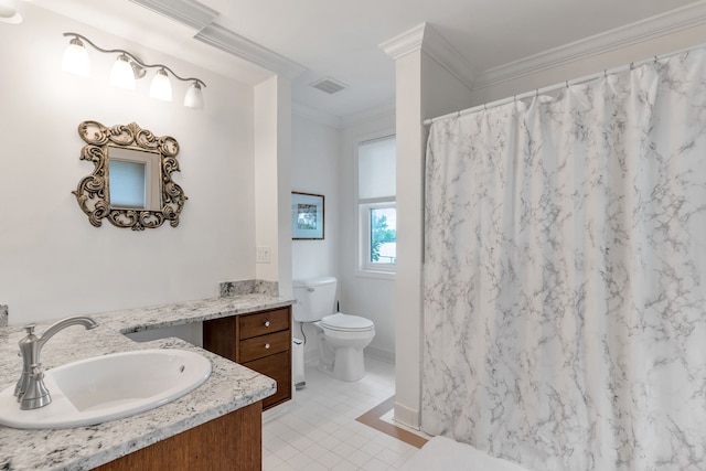 bathroom with walk in shower, tile patterned floors, toilet, ornamental molding, and vanity