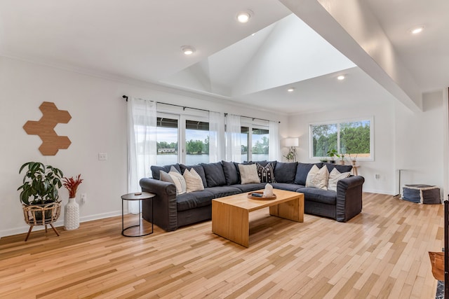 living room with ornamental molding, lofted ceiling, and light hardwood / wood-style flooring