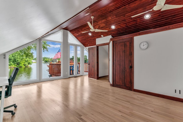 interior space featuring wood ceiling, light hardwood / wood-style floors, ceiling fan, and a water view