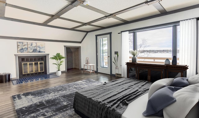 bedroom featuring dark hardwood / wood-style flooring, coffered ceiling, and lofted ceiling with beams