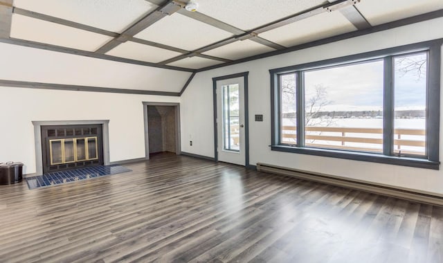 unfurnished living room with lofted ceiling with beams, dark hardwood / wood-style floors, coffered ceiling, and a baseboard radiator