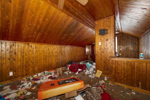 bonus room with lofted ceiling, wood ceiling, and wooden walls