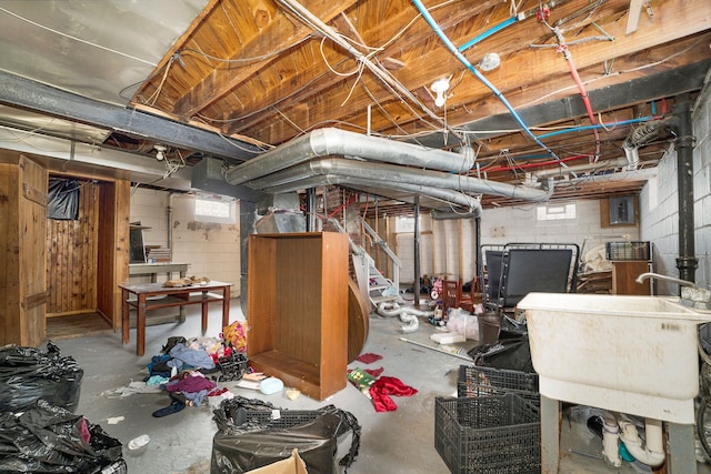 basement with sink and electric panel