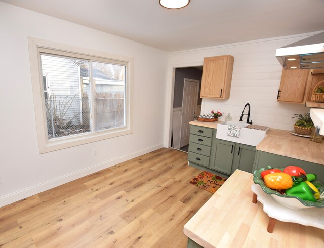 kitchen featuring green cabinetry, sink, and light wood-type flooring