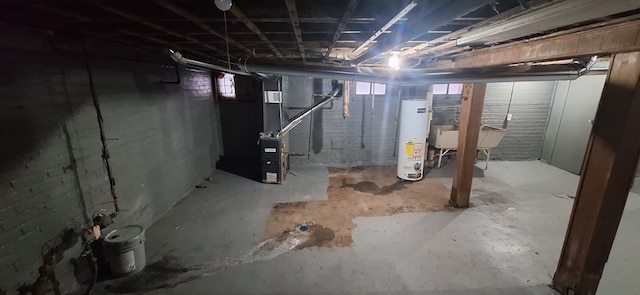 basement with heating unit and gas water heater