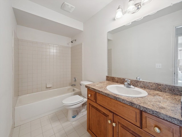 full bathroom featuring tile patterned flooring, vanity, toilet, visible vents, and shower / tub combination
