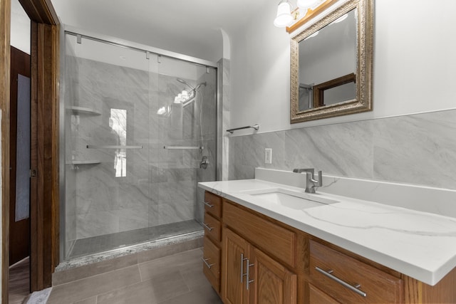 42891 Bemis Rd, Sumpter, MI 48111 - bathroom with tile patterned floors, walk in shower, and vanity