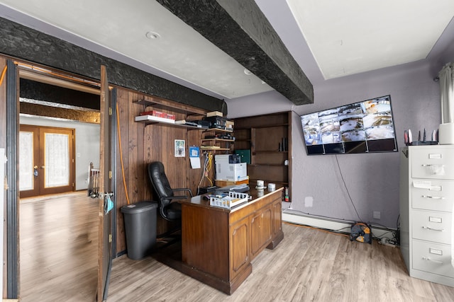 42891 Bemis Rd, Sumpter, MI 48111 - home office with french doors, baseboard heating, beamed ceiling, and light hardwood / wood-style flooring