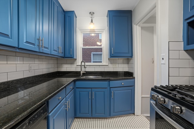 kitchen featuring backsplash, stainless steel gas range oven, sink, black dishwasher, and blue cabinets