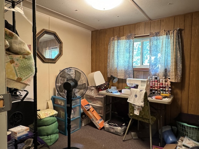 misc room featuring carpet and wood walls