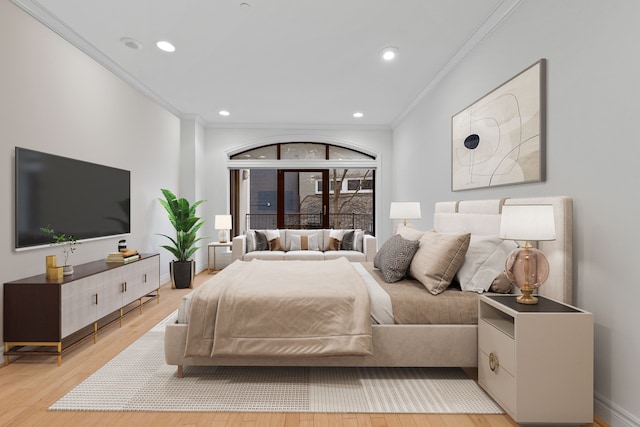 bedroom featuring light wood-type flooring and crown molding