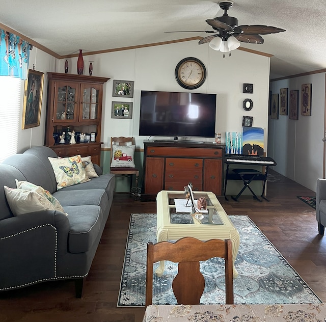 living room with lofted ceiling, ceiling fan, a textured ceiling, ornamental molding, and dark hardwood / wood-style flooring