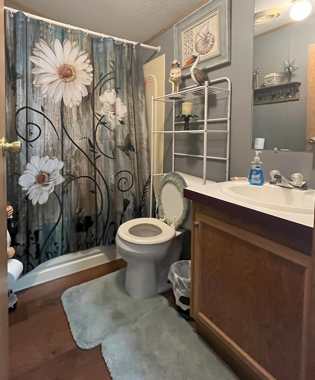 bathroom with a textured ceiling, toilet, a shower with curtain, and vanity