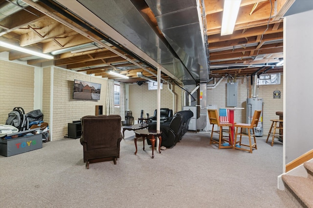 basement with electric panel, heating unit, carpet flooring, and gas water heater