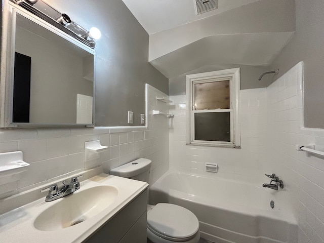 full bathroom with tile walls,  shower combination, toilet, vanity, and decorative backsplash