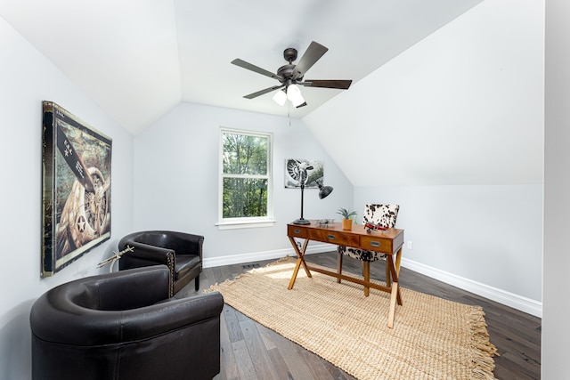 office area featuring ceiling fan, dark hardwood / wood-style floors, and vaulted ceiling