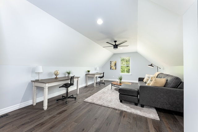 office space featuring ceiling fan, vaulted ceiling, and dark wood-type flooring