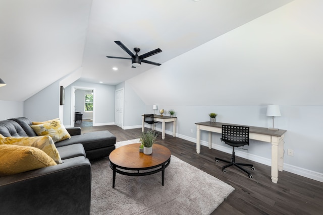 living room with dark wood-type flooring, lofted ceiling, and ceiling fan