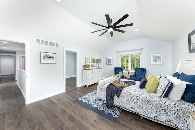 bedroom featuring ceiling fan, vaulted ceiling, and dark hardwood / wood-style floors