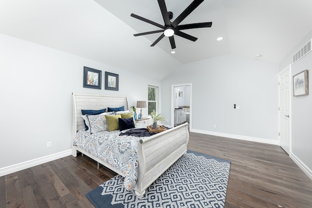 bedroom featuring dark wood-type flooring, ceiling fan, and vaulted ceiling