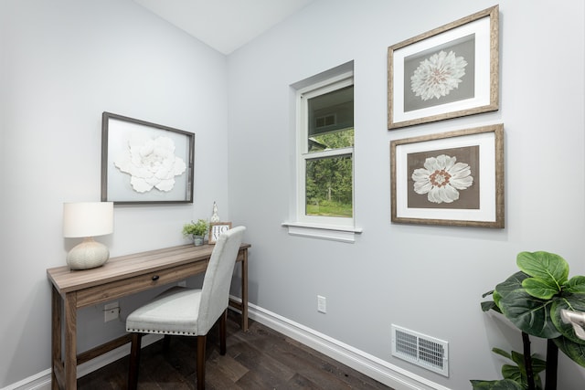 office area with dark hardwood / wood-style floors