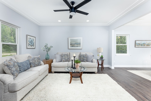 living room with ceiling fan and dark wood-type flooring