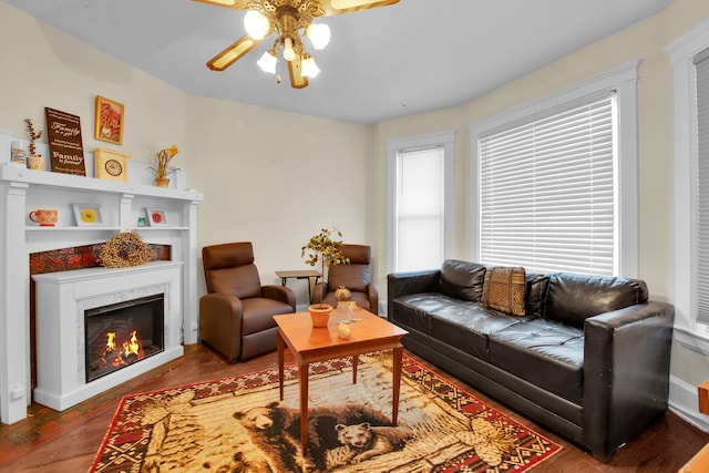 living room featuring ceiling fan and dark hardwood / wood-style flooring