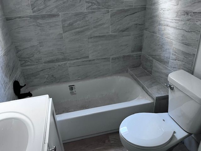 bathroom with toilet, vanity, and a bathing tub