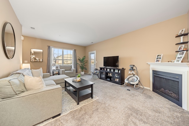 living room featuring light colored carpet