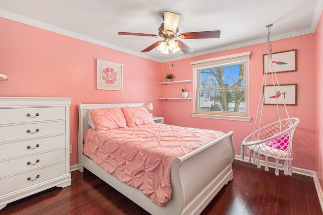 bedroom with ceiling fan, ornamental molding, and dark hardwood / wood-style floors