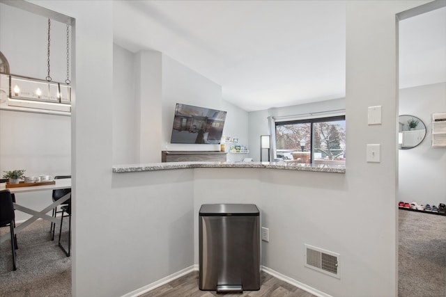 kitchen featuring vaulted ceiling, dark hardwood / wood-style floors, and light stone countertops