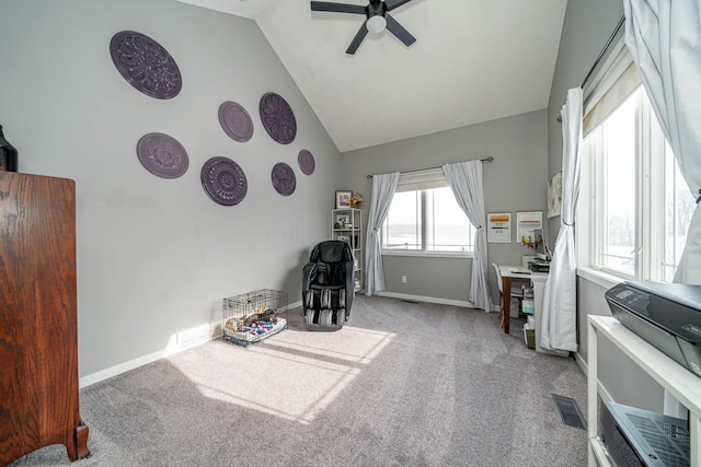 miscellaneous room with ceiling fan, high vaulted ceiling, and carpet flooring