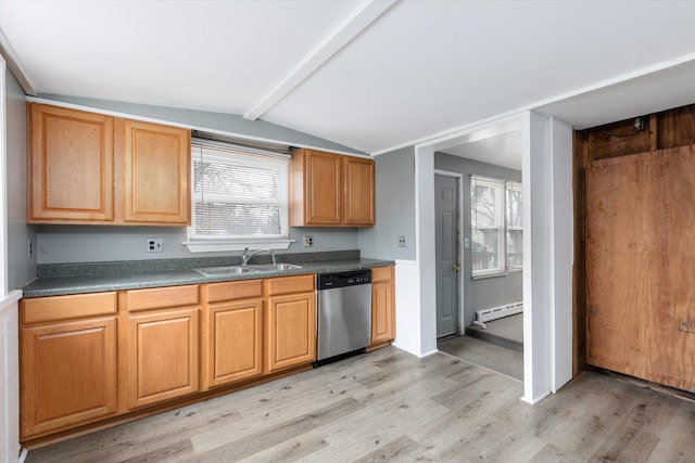 kitchen featuring a baseboard radiator, sink, stainless steel dishwasher, a healthy amount of sunlight, and light wood-type flooring