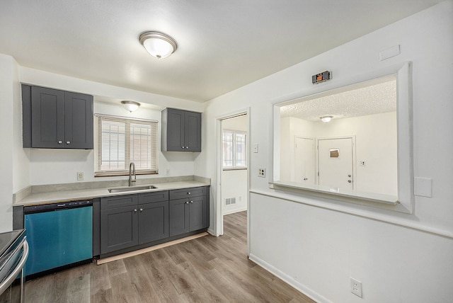 kitchen with stainless steel appliances, gray cabinetry, light hardwood / wood-style floors, and sink