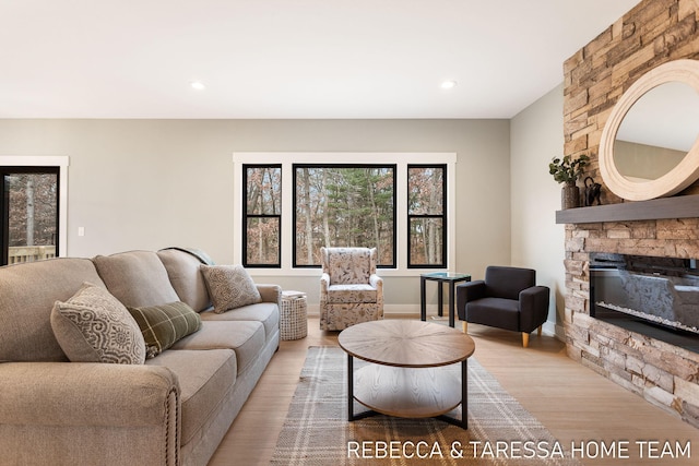 living room with a stone fireplace and light wood-type flooring