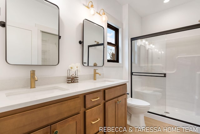 bathroom with a shower with door, vanity, and toilet