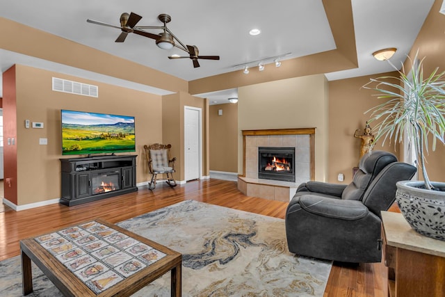 living room with rail lighting, a fireplace, and hardwood / wood-style flooring