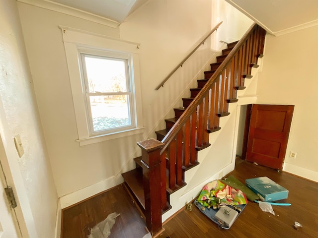 staircase featuring hardwood / wood-style flooring and ornamental molding