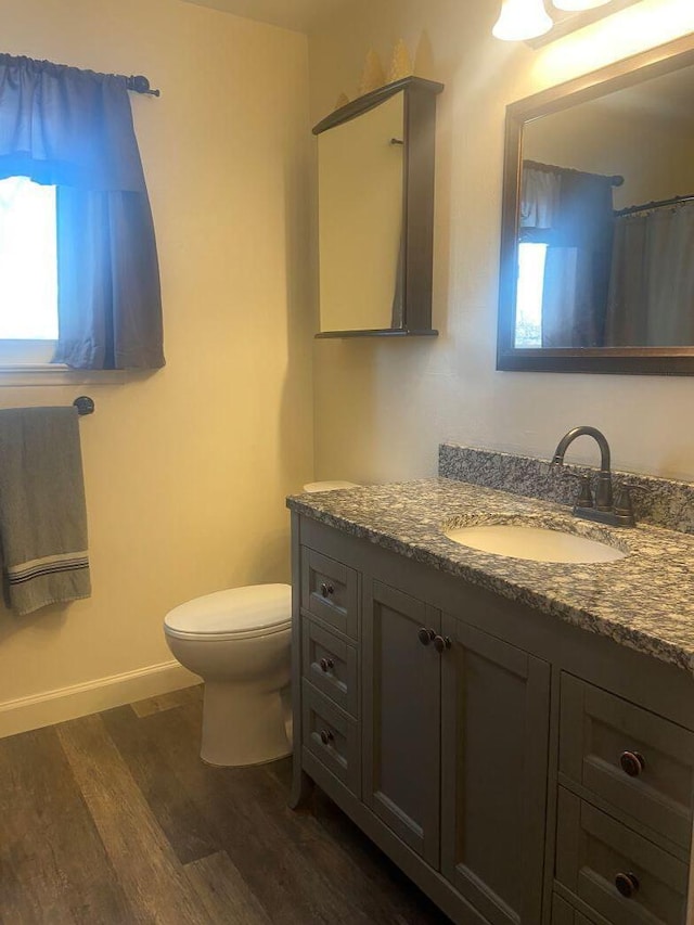 bathroom with vanity, hardwood / wood-style floors, and toilet