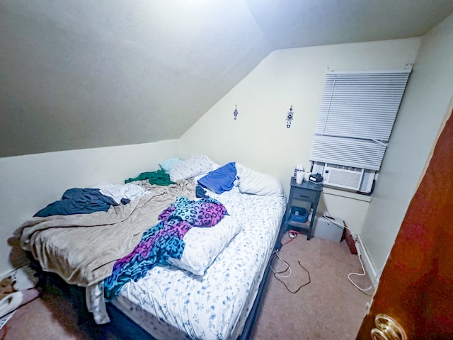 carpeted bedroom featuring cooling unit and vaulted ceiling