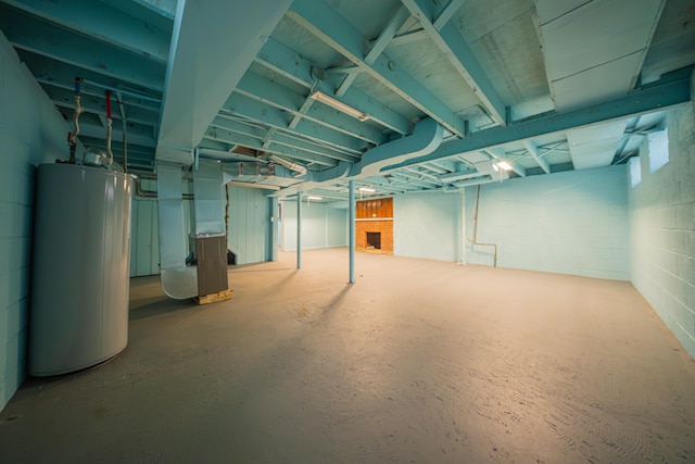 basement with heating unit and water heater