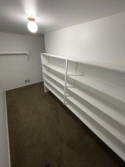 walk in closet with dark carpet