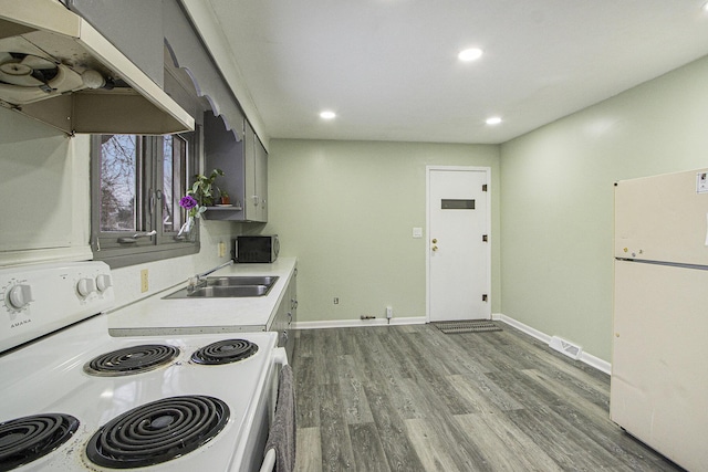 kitchen with gray cabinets, sink, hardwood / wood-style flooring, and white appliances